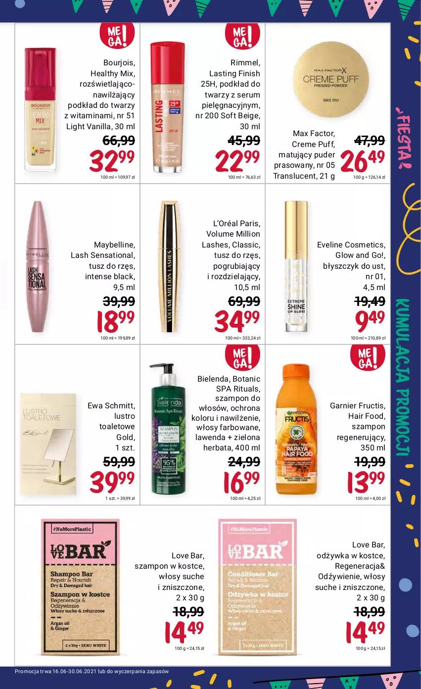 Gazetka promocyjna Rossmann - Fiesta - ważna 16.06 do 30.06.2021 - strona 11 - produkty: Bell, Bielenda, Błyszczyk do ust, Bourjois, Eveline, Ewa Schmitt, Fa, Finish, Fructis, Garnier, Herbata, L’Oréal, Lack, Lion, Lustro, Max Factor, Maybelline, Odżywka, Podkład, Podkład do twarzy, Puder, Puder prasowany, Puf, Rum, Sati, Ser, Serum, Szampon, Tran, Tusz