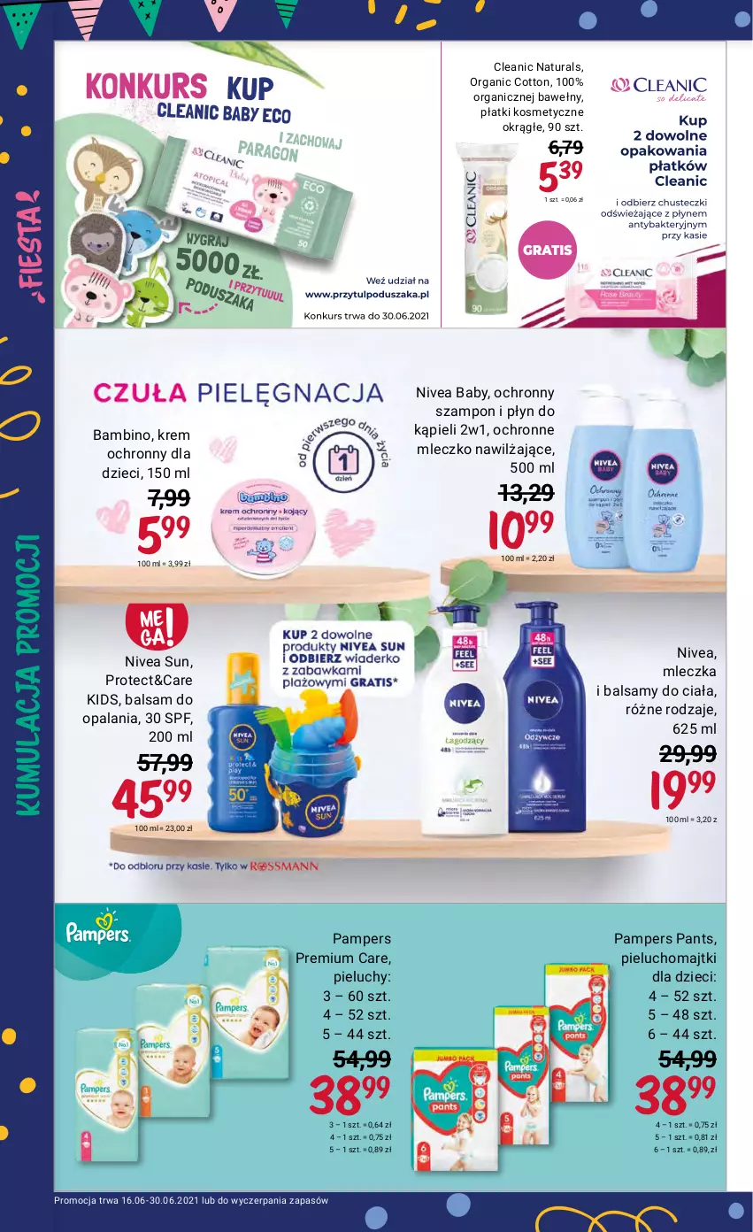 Gazetka promocyjna Rossmann - Fiesta - ważna 16.06 do 30.06.2021 - strona 22 - produkty: Cleanic, Dzieci, Majtki, Mleczko, Nivea, Nivea Baby, Pampers, Pieluchomajtki, Pieluchy, Płatki kosmetyczne, Płyn do kąpieli, Szampon