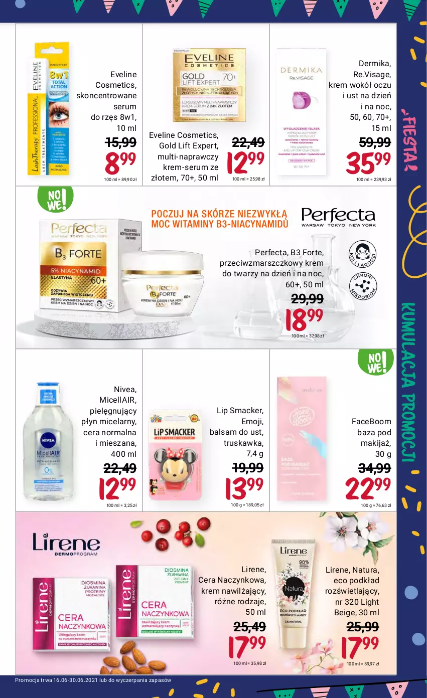 Gazetka promocyjna Rossmann - Fiesta - ważna 16.06 do 30.06.2021 - strona 7 - produkty: Balsam do ust, Dermika, Eveline, Fa, Krem do twarzy, Krem nawilżający, Lirene, Makijaż, Mars, Nivea, Perfecta, Płyn micelarny, Podkład, Rum, Ser, Serum