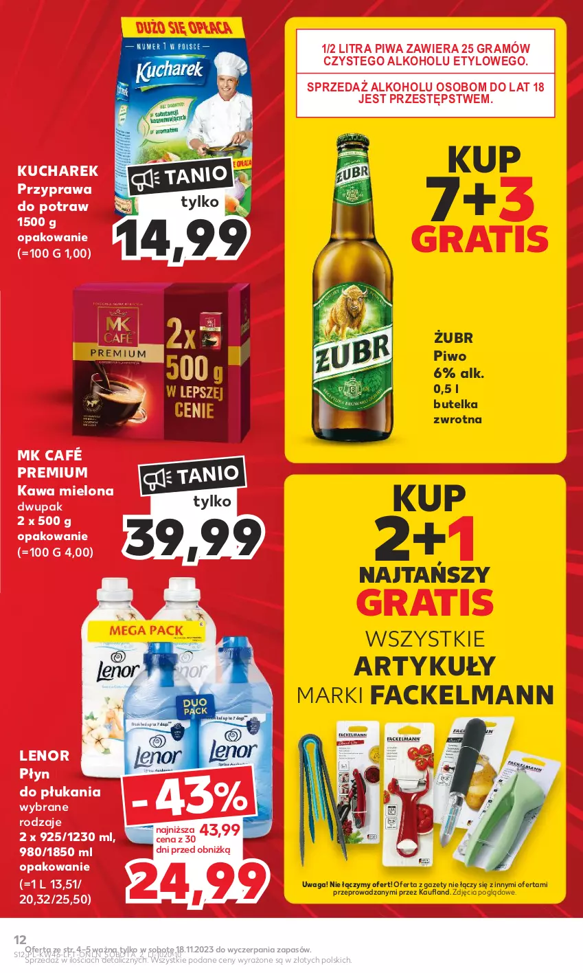 Gazetka promocyjna Kaufland - Gazetka tygodnia - ważna 16.11 do 22.11.2023 - strona 12 - produkty: Fa, Gra, Kawa, Kawa mielona, Kucharek, Lenor, Piwa, Piwo, Płyn do płukania, Przyprawa do potraw, Waga