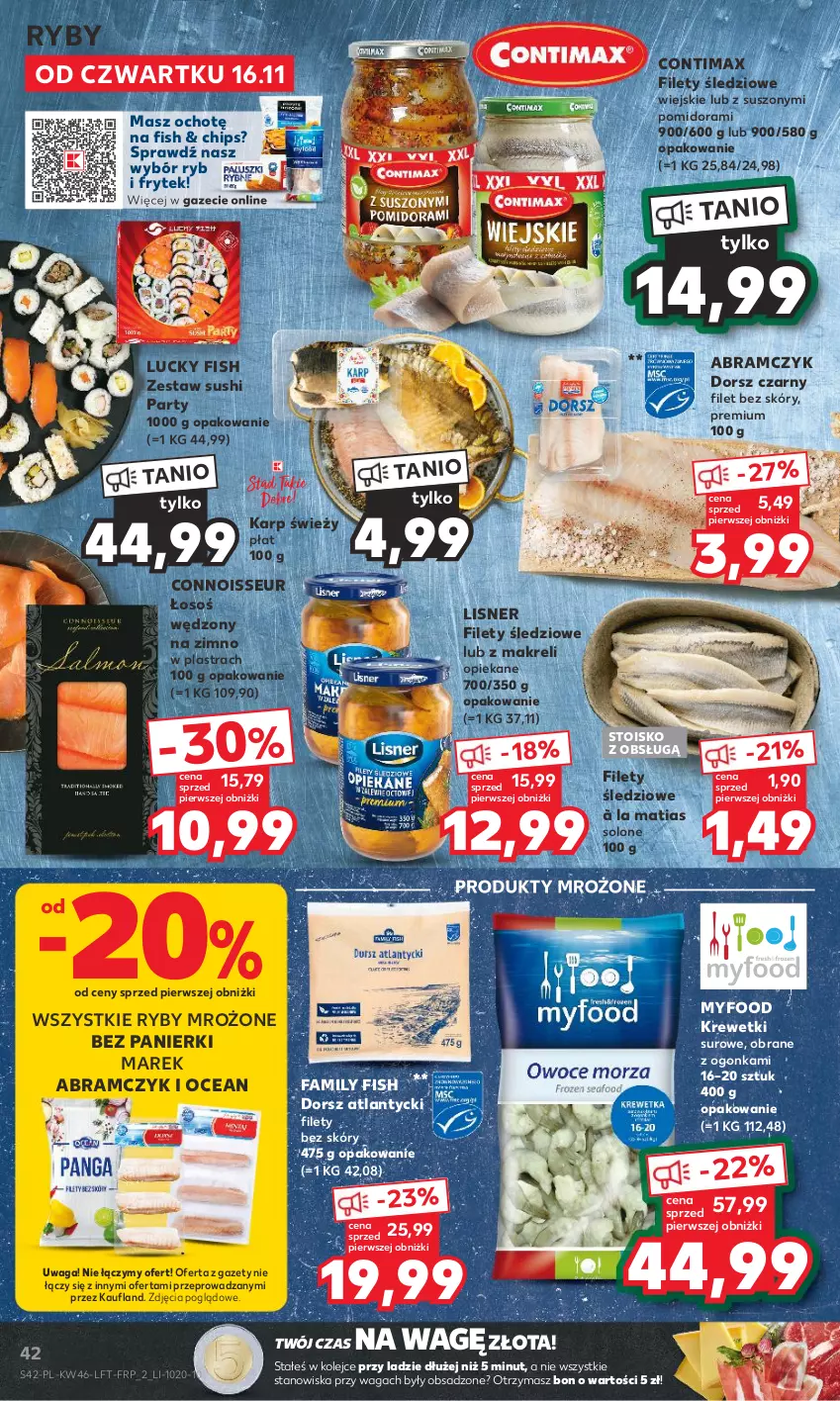 Gazetka promocyjna Kaufland - Gazetka tygodnia - ważna 16.11 do 22.11.2023 - strona 42 - produkty: Dorsz, Fa, Karp, Krewetki, Lisner, Olej, Produkty mrożone, Sushi, Waga