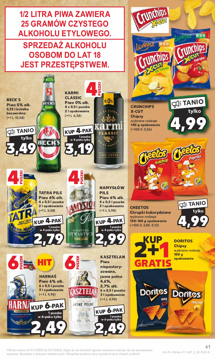 Gazetka promocyjna Kaufland - Gazetka tygodnia - ważna 16.11 do 22.11.2023 - strona 61 - produkty: Cheetos, Chipsy, Chrupki, Crunchips, Gra, Harnaś, Karmi, Kasztelan, Namysłów, Piwa, Piwo, Tatra