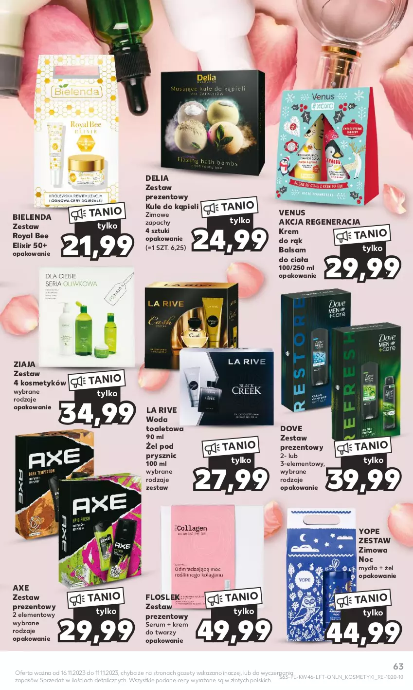 Gazetka promocyjna Kaufland - Gazetka tygodnia - ważna 16.11 do 22.11.2023 - strona 63 - produkty: Balsam do ciała, Bielenda, Dove, Krem do twarzy, La Rive, Mydło, Rum, Ser, Serum, Venus, Woda, Woda toaletowa, Yope, Zestaw prezentowy, Ziaja