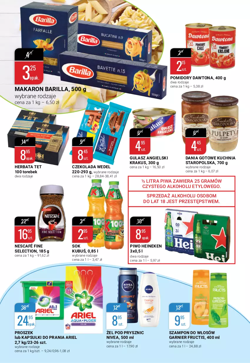 Gazetka promocyjna Bi1 - Uczta smaków - ważna 01.09 do 07.09.2021 - strona 4 - produkty: Ariel, Barilla, Czekolada, Dania gotowe, Dawtona, Fructis, Garnier, Gra, Heineken, Herbata, Kapsułki do prania, Krakus, Kubuś, Kuchnia, Kuchnia Staropolska, Makaron, Nescafé, Nivea, Piwa, Piwo, Pomidory, Sok, Szampon