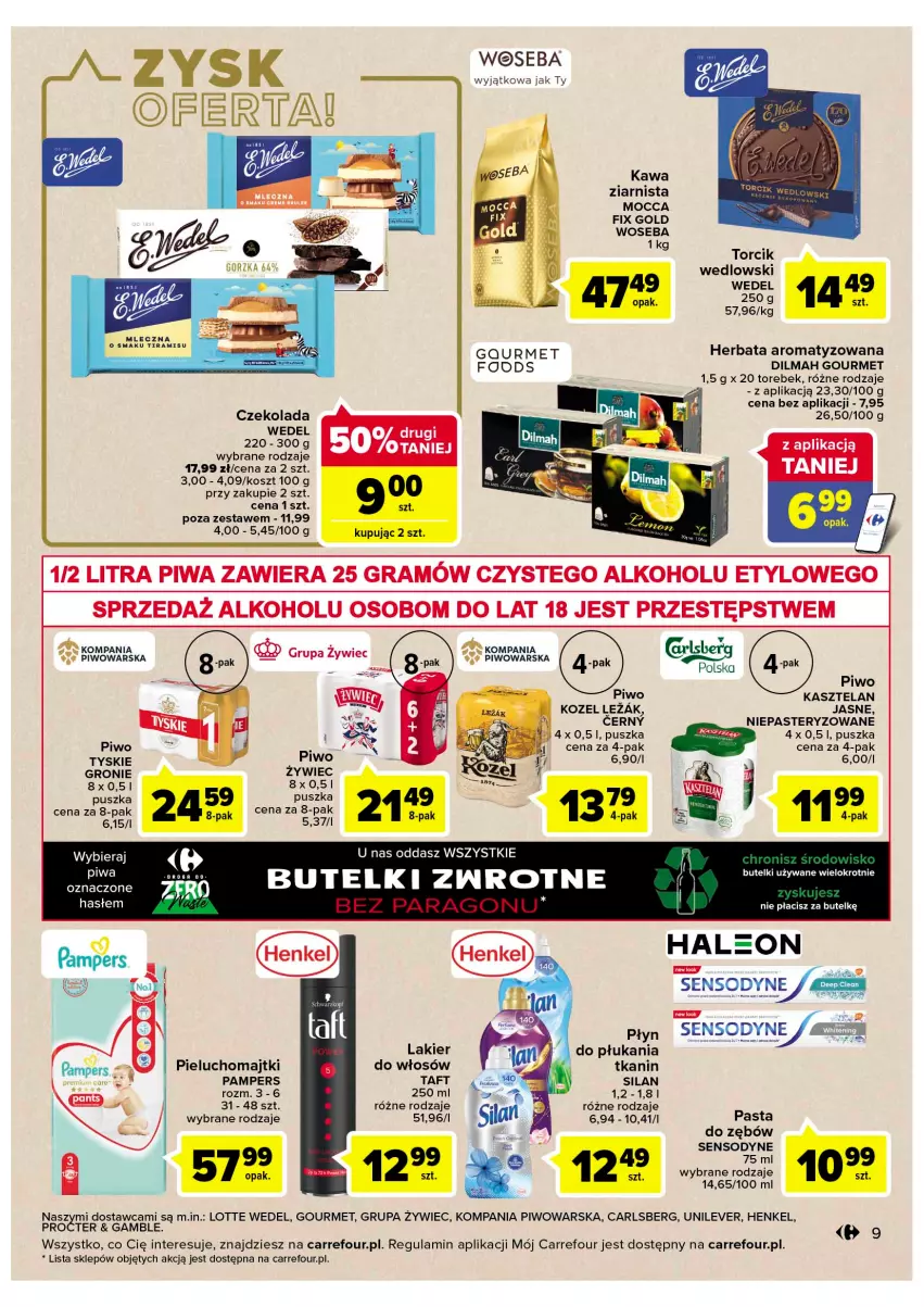 Gazetka promocyjna Carrefour - Gazetka Market - ważna 27.12 do 31.12.2022 - strona 9 - produkty: Carlsberg, Czekolada, Dilmah, Gra, Herbata, Kasztelan, Kawa, Kosz, Kozel, Lakier, Majtki, Mocca Fix Gold, Pampers, Pasta do zębów, Pieluchomajtki, Piwa, Piwo, Sensodyne, Silan, Taft, Tyskie, Woseba