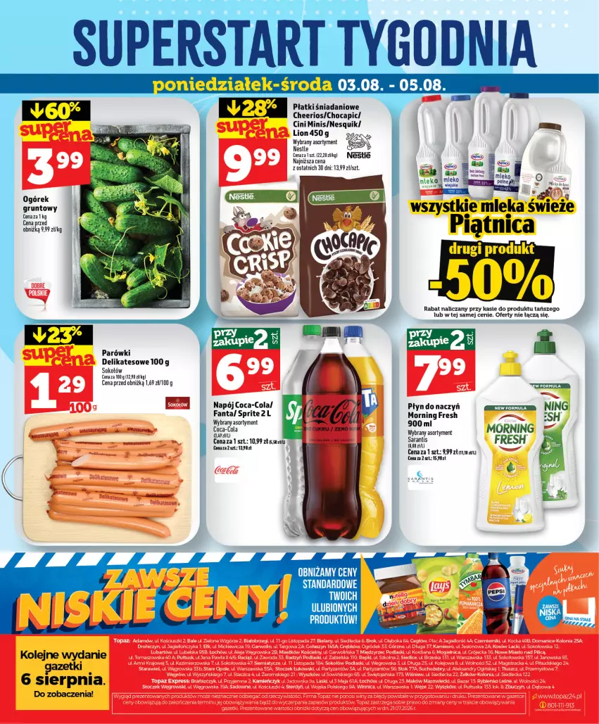 Gazetka promocyjna Topaz - Gazetka - ważna 30.07 do 05.08.2026 - strona 48 - produkty: Cheerios, Cini Minis, Coca-Cola, Danio, Fa, Fanta, Gra, Lion, Napój, Nesquik, Ogórek, Olej, Parówki, Piątnica, Sok, Sokołów, Sprite