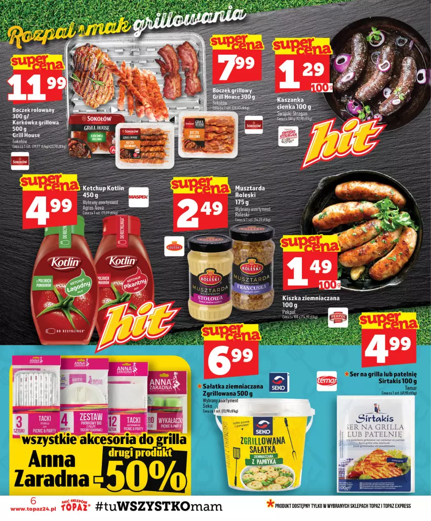 Gazetka promocyjna Topaz - Gazetka - ważna 30.07 do 05.08.2026 - strona 6 - produkty: Boczek, Grill, Ketchup, LG, Mus, Musztarda, Por, Rum, Sałat, Sałatka, Ser, Sok, Sokołów, Top