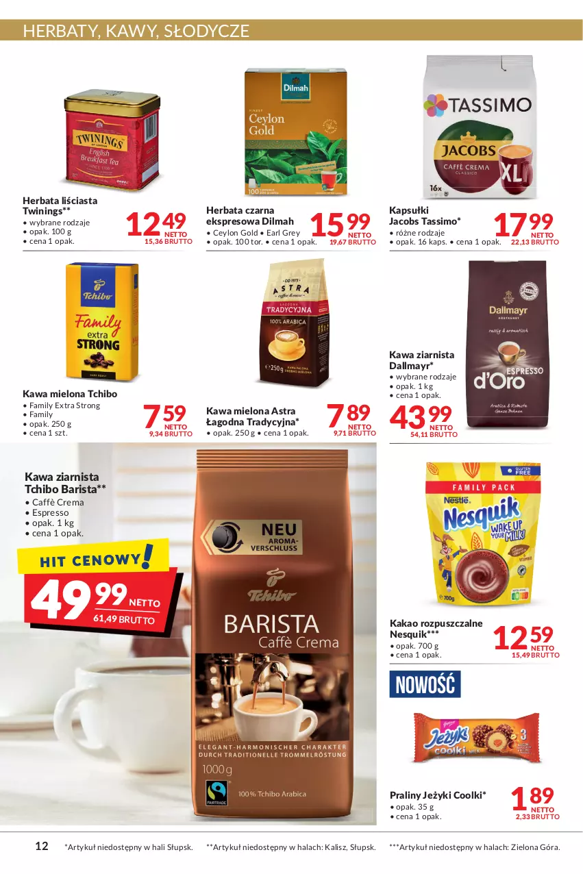 Gazetka promocyjna Makro - [Oferta promocyjna] Artykuły spożywcze i przemysłowe - ważna 23.08 do 04.09.2022 - strona 12 - produkty: Dallmayr, Dilmah, Earl Grey, Fa, Herbata, Herbata czarna, Jacobs, Jeżyki, Kakao, Kawa, Kawa mielona, Kawa ziarnista, Nesquik, Praliny, Tassimo, Tchibo, Tchibo Barista