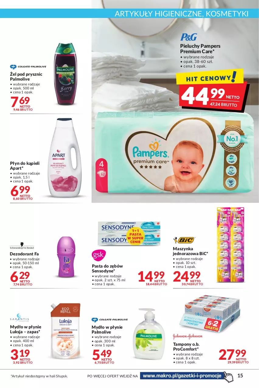 Gazetka promocyjna Makro - [Oferta promocyjna] Artykuły spożywcze i przemysłowe - ważna 23.08 do 04.09.2022 - strona 15 - produkty: BIC, Dezodorant, Fa, Luksja, Maszynka, Mydło, Mydło w płynie, O.B., Palmolive, Pampers, Pasta do zębów, Pieluchy, Płyn do kąpieli, Sensodyne, Szynka, Tampony