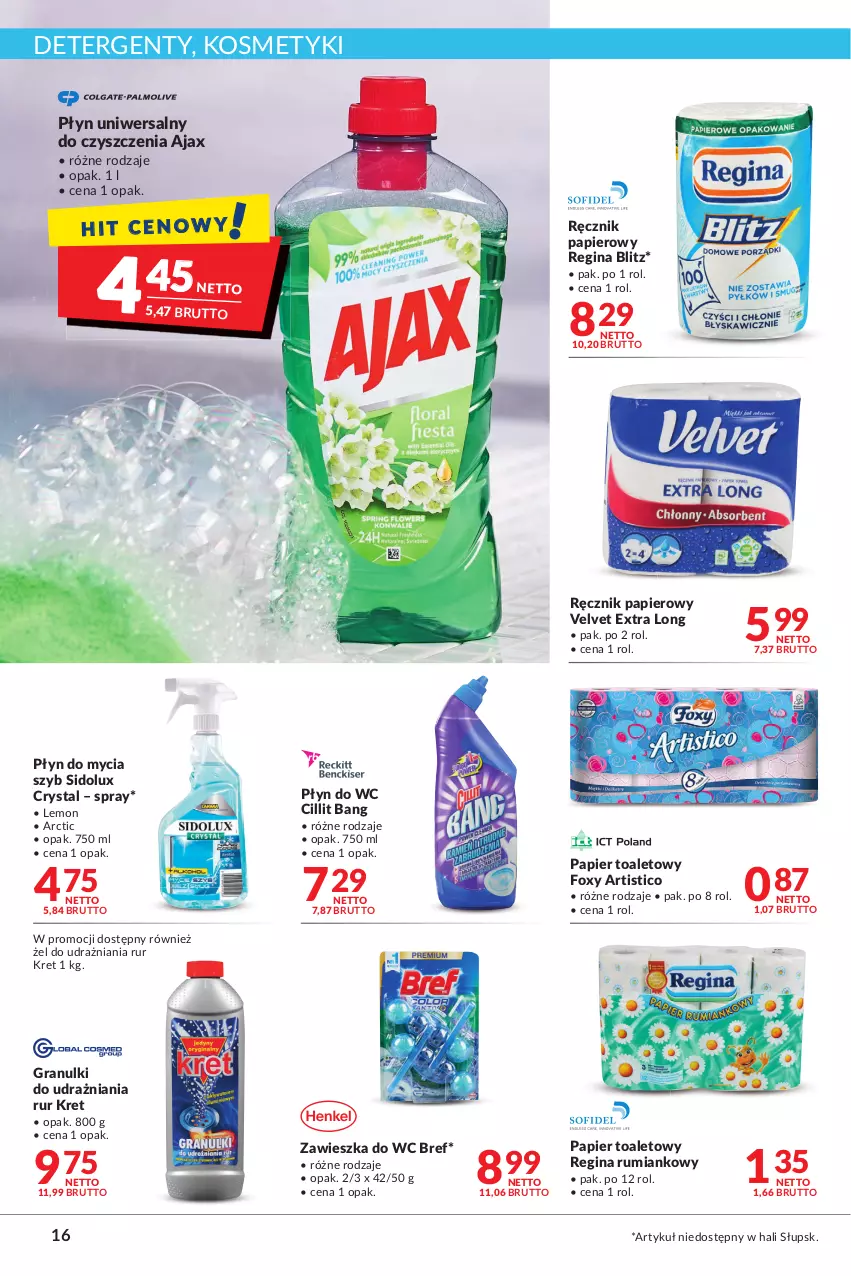 Gazetka promocyjna Makro - [Oferta promocyjna] Artykuły spożywcze i przemysłowe - ważna 23.08 do 04.09.2022 - strona 16 - produkty: Ajax, Bref, Cillit Bang, Foxy, Gin, Gra, Kret, Papier, Papier toaletowy, Płyn do mycia, Płyn do wc, Ręcznik, Rum, Sidolux, Velvet, Zawieszka do wc