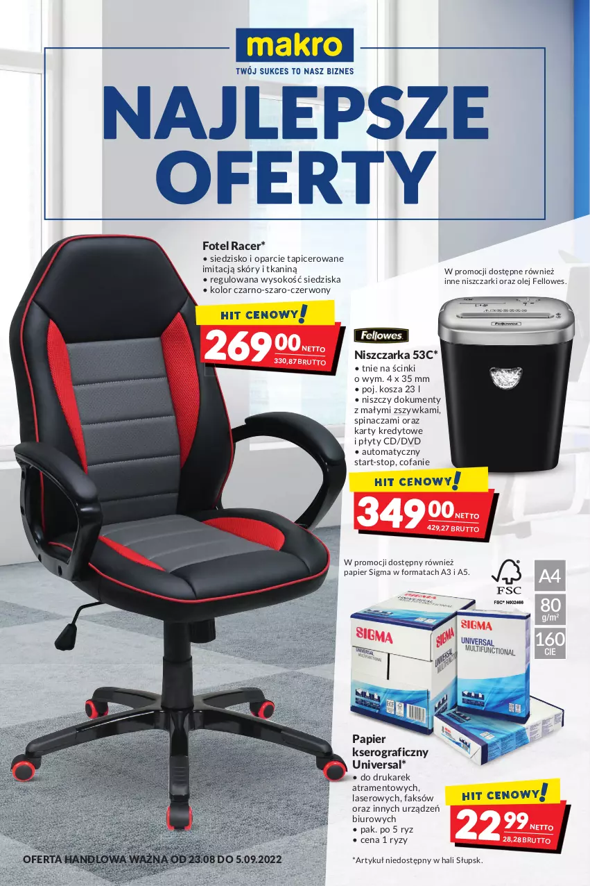 Gazetka promocyjna Makro - [Oferta promocyjna] Artykuły spożywcze i przemysłowe - ważna 23.08 do 04.09.2022 - strona 28 - produkty: Acer, Biuro, Fa, Fotel, Gra, Kosz, Niszczarka, Olej, Papier, Ser, Siedzisko, Sok, Top