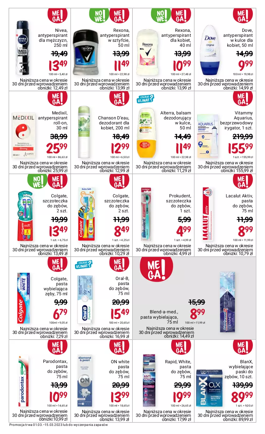 Gazetka promocyjna Rossmann - 1 marca - ważna 01.03 do 15.03.2023 - strona 11 - produkty: Alterra, Antyperspirant, Balsam dezodorujący, Blend-a-Med, Chanson d’eau, Colgate, Dezodorant, Dove, Irygator, Lacalut, LG, Nivea, Parodontax, Pasta do zębów, Prokudent, Rexona, Szczoteczka, Szczoteczka do zębów