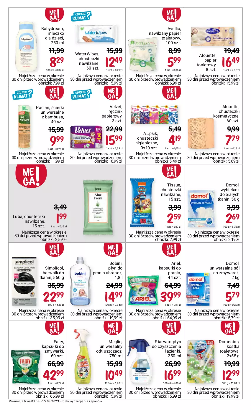 Gazetka promocyjna Rossmann - 1 marca - ważna 01.03 do 15.03.2023 - strona 3 - produkty: Alouette, Ariel, Babydream, Chusteczki, Chusteczki kosmetyczne, Domestos, Domol, Dzieci, Fa, Fairy, Kapsułki do prania, Mleczko, Nawilżany papier, Odtłuszczacz, Papier, Papier toaletowy, Płyn do prania, Ręcznik, Simplic, Sól, Velvet, Zmywarki