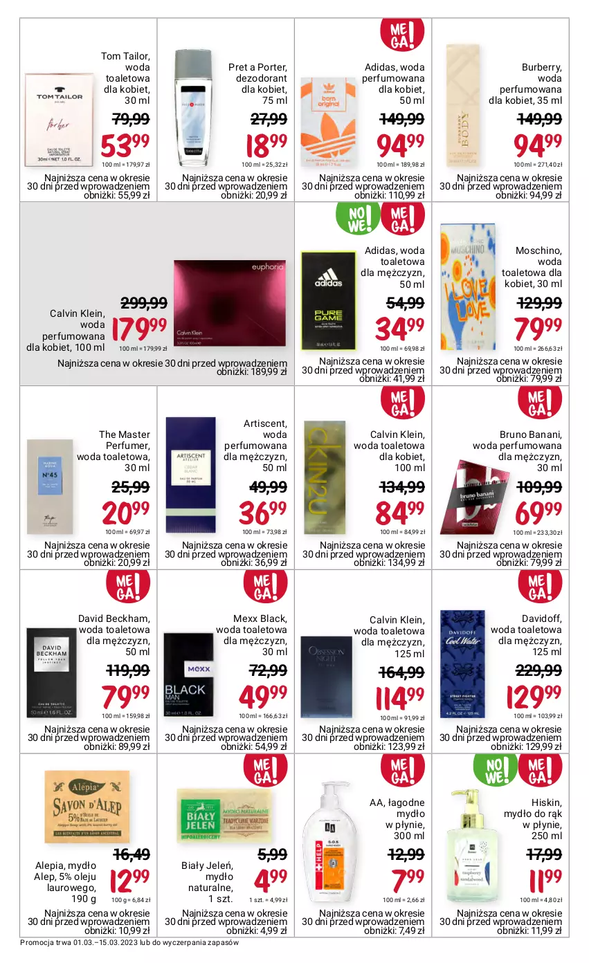 Gazetka promocyjna Rossmann - 1 marca - ważna 01.03 do 15.03.2023 - strona 8 - produkty: Adidas, Biały Jeleń, Bruno Banani, Burberry, Calvin Klein, David Beckham, Davidoff, Dezodorant, Lack, Laur, Mexx, Moschino, Mydło, Mydło w płynie, Olej, Perfum, Por, Tom Tailor, Woda, Woda perfumowana, Woda toaletowa