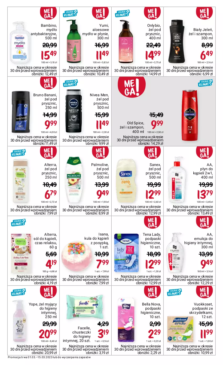 Gazetka promocyjna Rossmann - 1 marca - ważna 01.03 do 15.03.2023 - strona 9 - produkty: Alterra, Bell, Bella, Biały Jeleń, Bruno Banani, Chusteczki, Chusteczki do higieny, Emulsja, Fa, Facelle, Isana, Kula do kąpieli, Mydło, Mydło w płynie, Nivea, Nivea Men, Old Spice, Palmolive, Płyn do kąpieli, Podpaski, Podpaski ze skrzydełkami, Sanex, Sól, Sól do kąpieli, Szampon, Yope