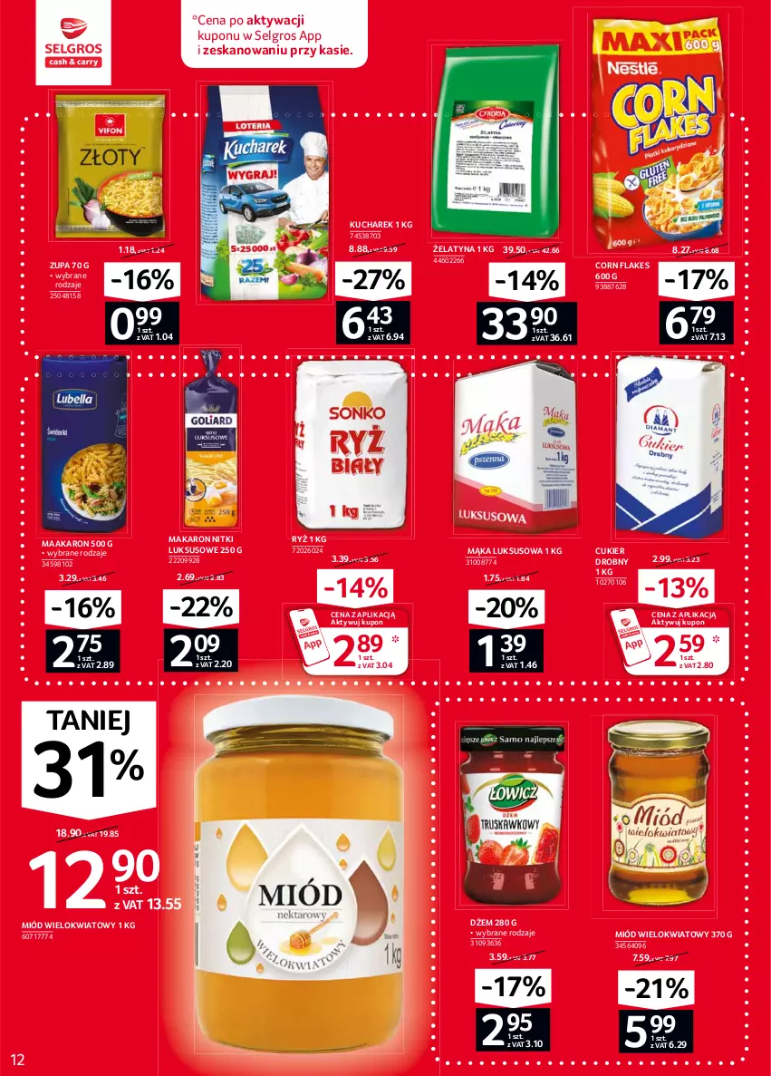 Gazetka promocyjna Selgros - Oferta spożywcza - ważna 04.02 do 17.02.2021 - strona 12 - produkty: Corn flakes, Cukier, Dżem, Kucharek, LG, Mąka, Mąka luksusowa, Makaron, Miód, Ryż, Zupa