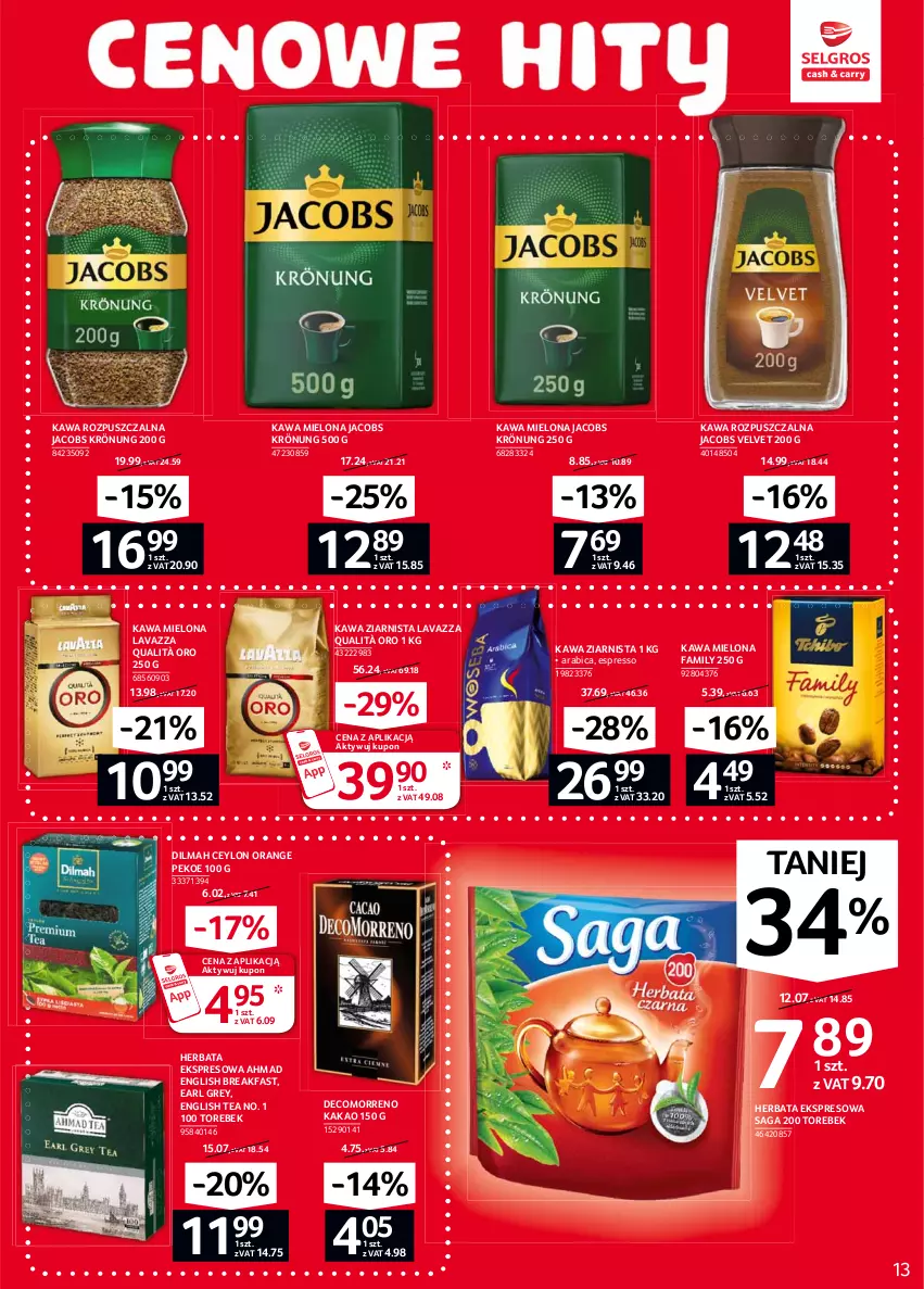 Gazetka promocyjna Selgros - Oferta spożywcza - ważna 04.02 do 17.02.2021 - strona 13 - produkty: BIC, Dilmah, Earl Grey, Fa, Herbata, Jacobs, Jacobs Krönung, Jacobs Velvet, Kakao, Kawa, Kawa mielona, Kawa rozpuszczalna, Kawa ziarnista, Lavazza, Saga, Velvet