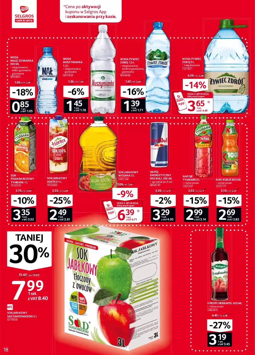 Gazetka promocyjna Selgros - Oferta spożywcza - ważna 04.02 do 17.02.2021 - strona 18 - produkty: Herbapol, Hortex, Kubuś, LG, Mus, Muszynianka, Nałęczowianka, Napój, Napój energetyczny, Napoje, Red Bull, Sok, Sok jabłkowy, Sok pomarańczowy, Syrop, Syropy, Tymbark, Woda, Wosana