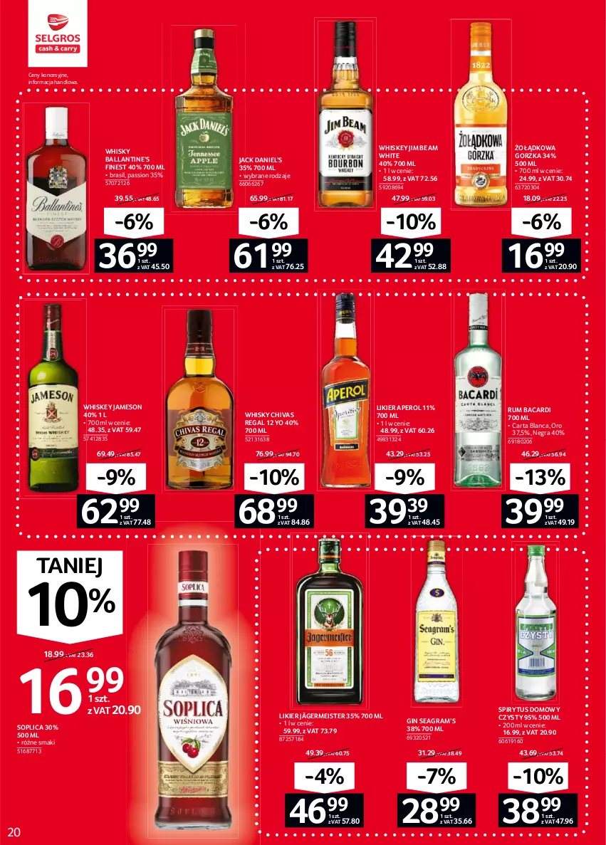 Gazetka promocyjna Selgros - Oferta spożywcza - ważna 04.02 do 17.02.2021 - strona 20 - produkty: Aperol, Bacardi, Gin, Gra, Jameson, Jim Beam, Likier, Rum, Soplica, Whiskey, Whisky