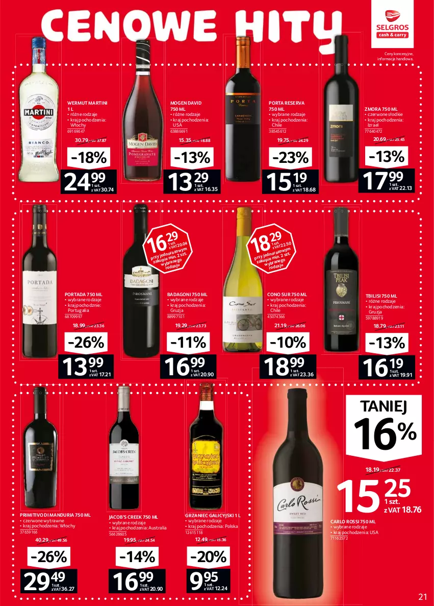 Gazetka promocyjna Selgros - Oferta spożywcza - ważna 04.02 do 17.02.2021 - strona 21 - produkty: Carlo Rossi, Grzaniec Galicyjski, Martini, Mogen David, Por, Portada, Ser