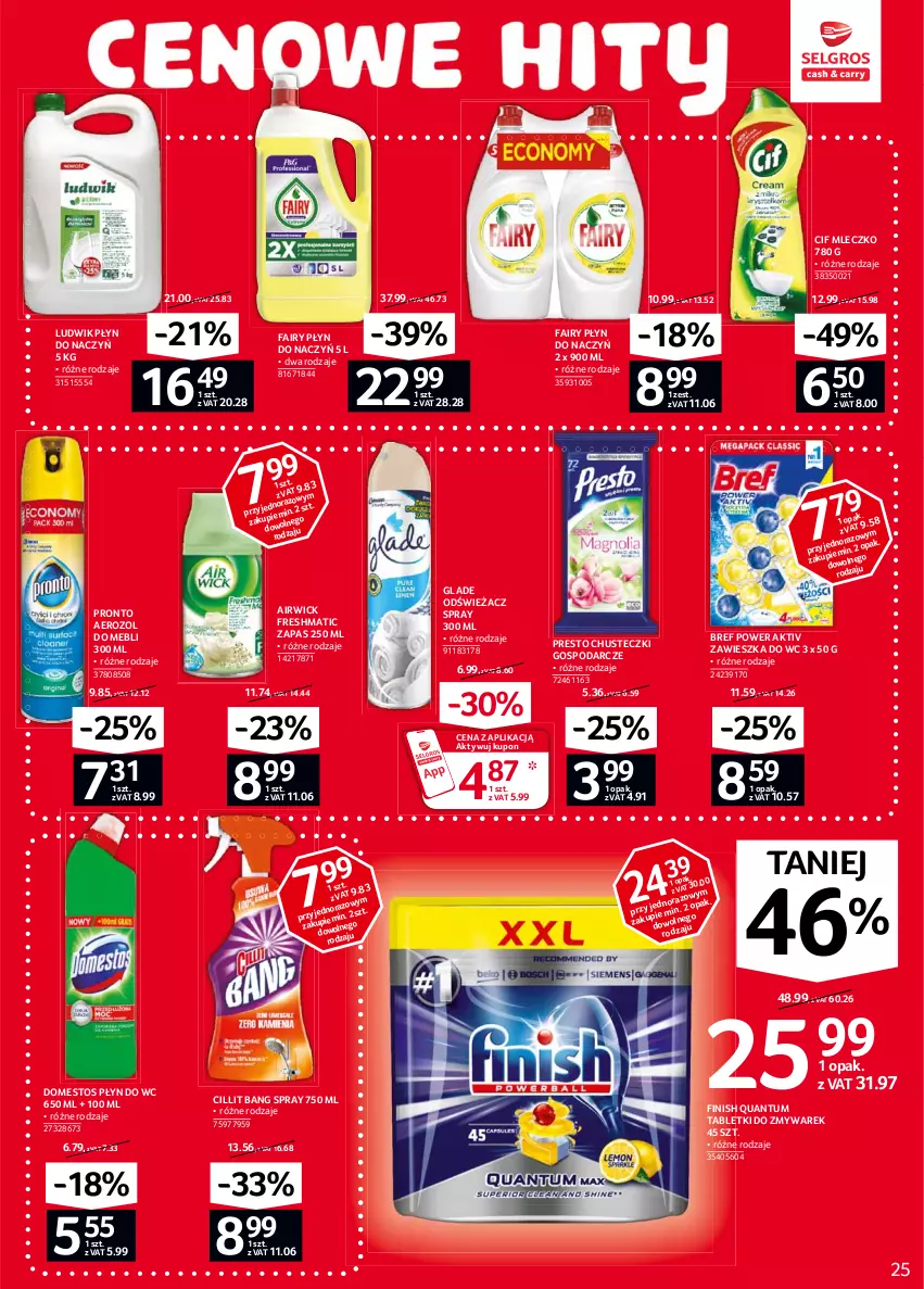 Gazetka promocyjna Selgros - Oferta spożywcza - ważna 04.02 do 17.02.2021 - strona 25 - produkty: Bref, Chusteczki, Cif, Cillit Bang, Domestos, Fa, Fairy, Finish, Ludwik, Mleczko, Płyn do wc, Presto, Pronto, Tablet, Zawieszka do wc