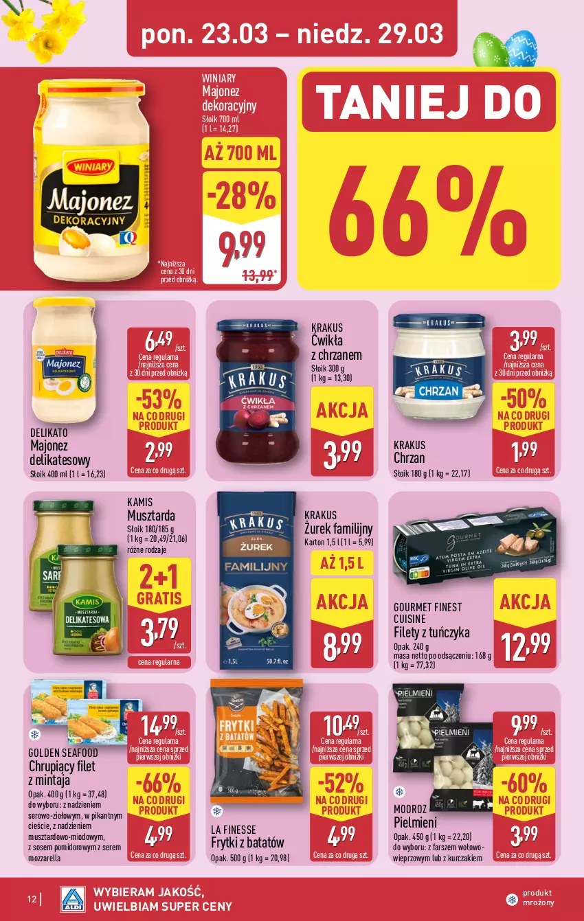 Gazetka promocyjna Aldi - Pełna oferta - ważna 23.03 do 29.03.2026 - strona 12 - produkty: Chrzan, Fa, Filet z mintaja, Frytki, Frytki z batatów, Golden Seafood, Gra, Kamis, Krakus, Kurczak, Majonez, Mintaj, Mozzarella, Mus, Musztarda, Ser, Sos, Tuńczyk, Winiary
