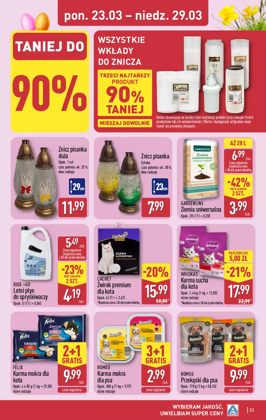 Gazetka promocyjna Aldi - Pełna oferta - ważna 23.03 do 29.03.2026 - strona 23 - produkty: Felix, Gra, Płyn do spryskiwaczy, Przekąski dla psa, Whiskas, Znicz