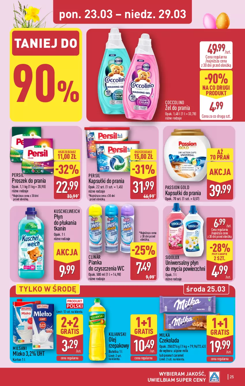 Gazetka promocyjna Aldi - Pełna oferta - ważna 23.03 do 29.03.2026 - strona 25 - produkty: Clin, Coccolino, Czekolada, Gra, Kapsułki do prania, Kujawski, Milka, Mleko, Olej, Olej rzepakowy, Persil, Pianka do czyszczenia, Płyn do mycia, Płyn do płukania, Proszek do prania, Sidolux