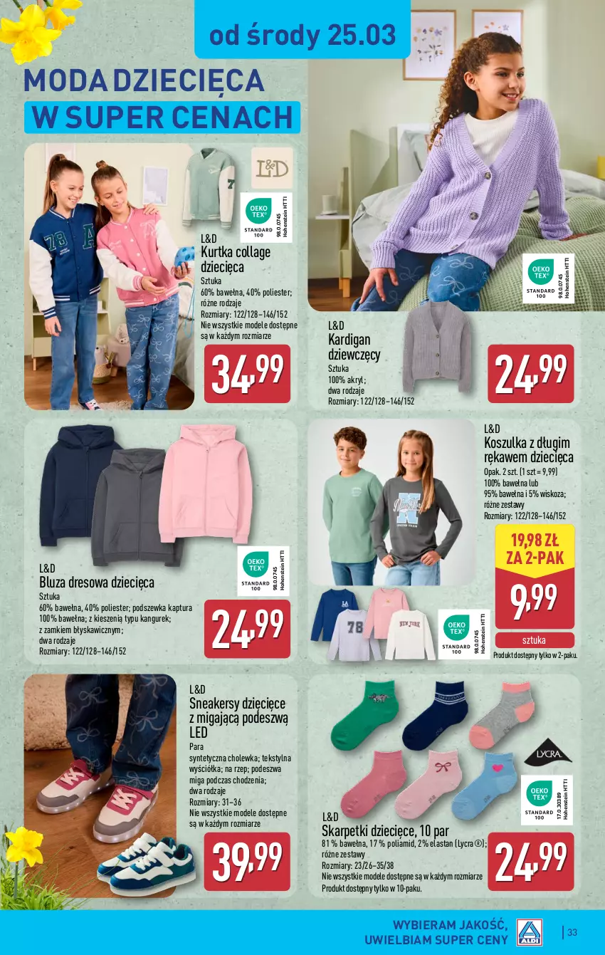 Gazetka promocyjna Aldi - Pełna oferta - ważna 23.03 do 29.03.2026 - strona 33 - produkty: Bluza, Bluza dresowa, Dres, Dzieci, Kardigan, Karp, Kosz, Koszulka, Kurtka, Moda, Skarpetki, Sneakersy, Wełna