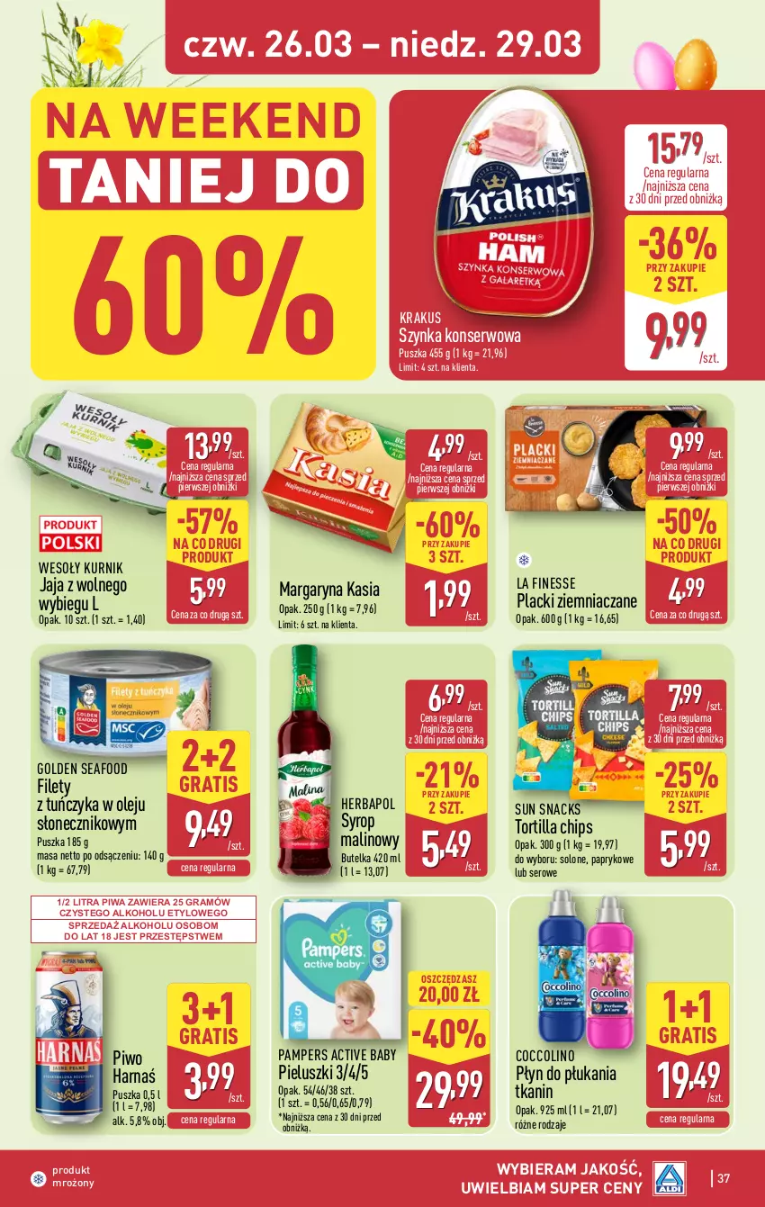 Gazetka promocyjna Aldi - Pełna oferta - ważna 23.03 do 29.03.2026 - strona 37 - produkty: Coccolino, Golden Seafood, Gra, Harnaś, Herbapol, Jaja, Jaja z wolnego wybiegu, Kasia, Krakus, Lack, Margaryna, Olej, Pampers, Piwa, Piwo, Płyn do płukania, Ser, Syrop, Szynka, Szynka konserwowa, Tortilla, Tortilla Chips, Tuńczyk