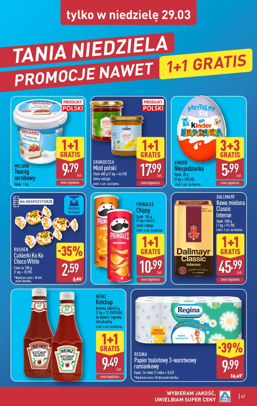 Gazetka promocyjna Aldi - Pełna oferta - ważna 23.03 do 29.03.2026 - strona 47 - produkty: Chipsy, Cukier, Cukierki, Dallmayr, Gin, Gra, Heinz, Kawa, Kawa mielona, Ketchup, Kinder, Miód, Papier, Papier toaletowy, Pringles, Rum, Ser, Twaróg