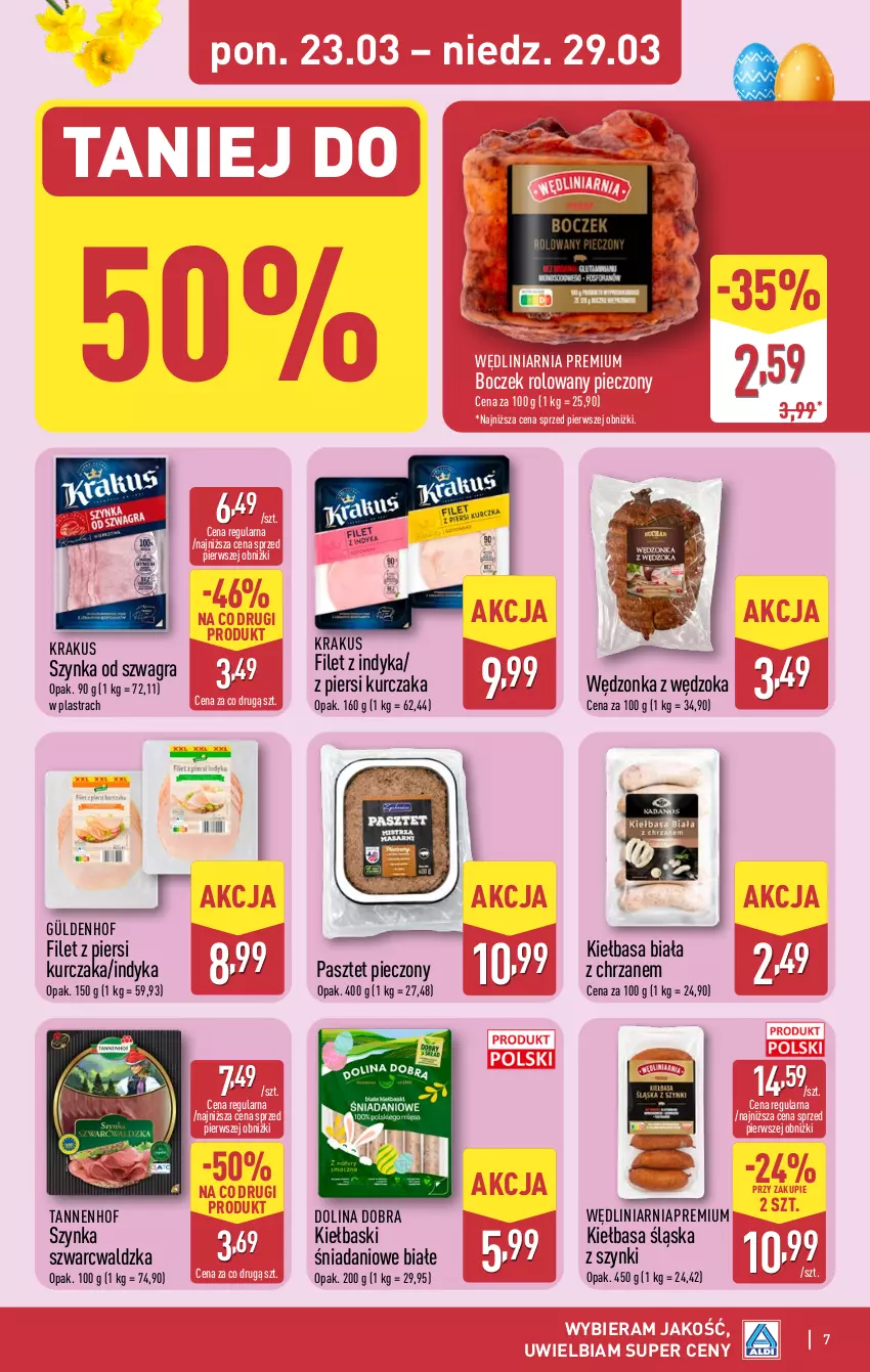 Gazetka promocyjna Aldi - Pełna oferta - ważna 23.03 do 29.03.2026 - strona 7 - produkty: Boczek, Chrzan, Danio, Filet z piersi kurczaka, Gra, Kiełbasa, Kiełbasa biała, Kiełbasa śląska, Krakus, Kurczak, Pasztet, Piec, Szynka