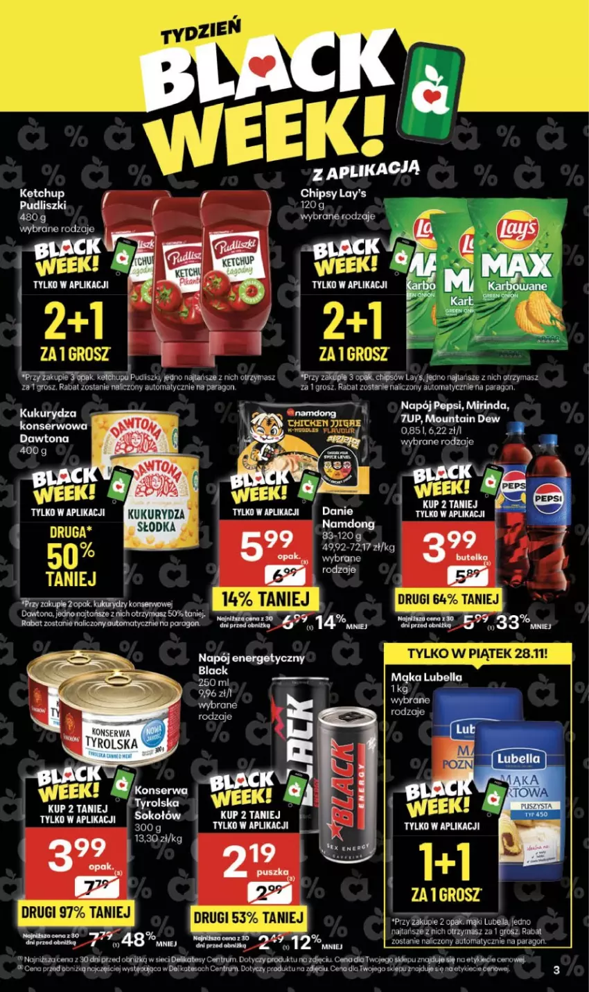 Gazetka promocyjna Delikatesy Centrum - Franczyza DC48 Czwartek - ważna 27.11 do 03.12.2025 - strona 3 - produkty: 7up, Bell, Bella, Chipsy, Dawtona, Ketchup, Kukurydza, Kukurydza konserwowa, Lubella, Napój, Napój energetyczny, Por, Pudliszki, Rum, Ser