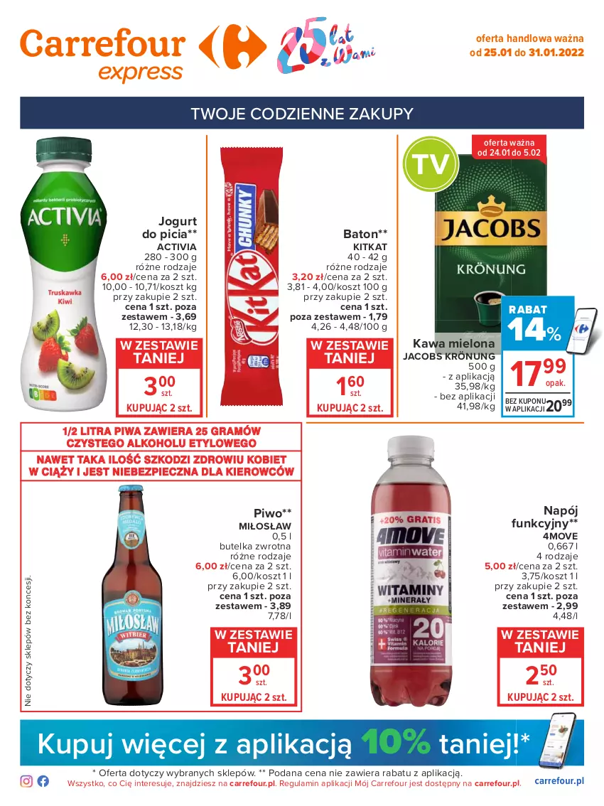 Gazetka promocyjna Carrefour - Gazetka Express - ważna 25.01 do 31.01.2022 - strona 1 - produkty: Activia, Baton, Gra, Jacobs, Jacobs Krönung, Jogurt, Kawa, Kawa mielona, Kosz, Napój, Piec, Piwa, Piwo