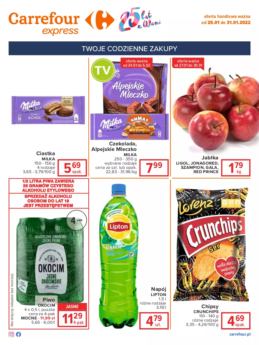 Gazetka promocyjna Carrefour - Gazetka Express - ważna 25.01 do 31.01.2022 - strona 2 - produkty: Chipsy, Ciastka, Crunchips, Czekolada, Gala, Gra, Jabłka, Koc, Ligol, Lipton, Milka, Mleczko, Napój, Okocim, Piwa, Piwo, Szampion