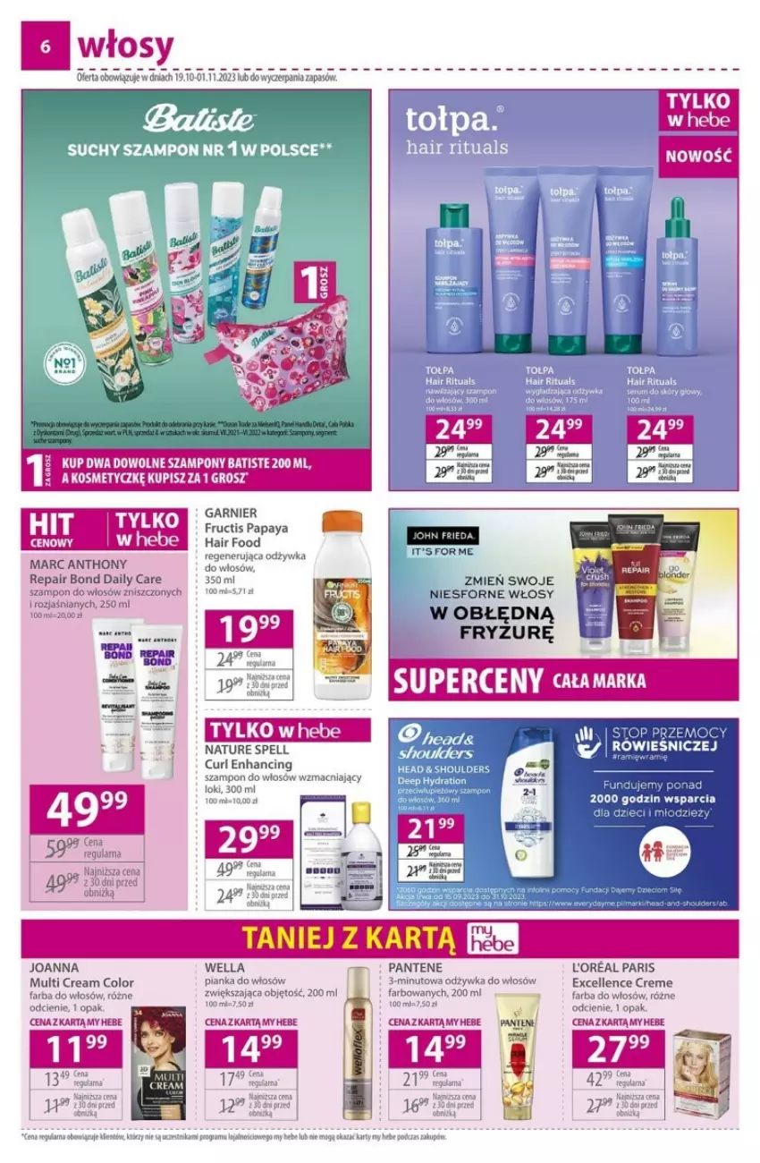 Gazetka promocyjna Hebe - ważna 19.10 do 01.11.2023 - strona 13 - produkty: Batiste, Fa, Farba do włosów, Fructis, Garnier, Joanna, Odżywka, Pantene, Pianka do włosów, Ryż, Szampon, Wella