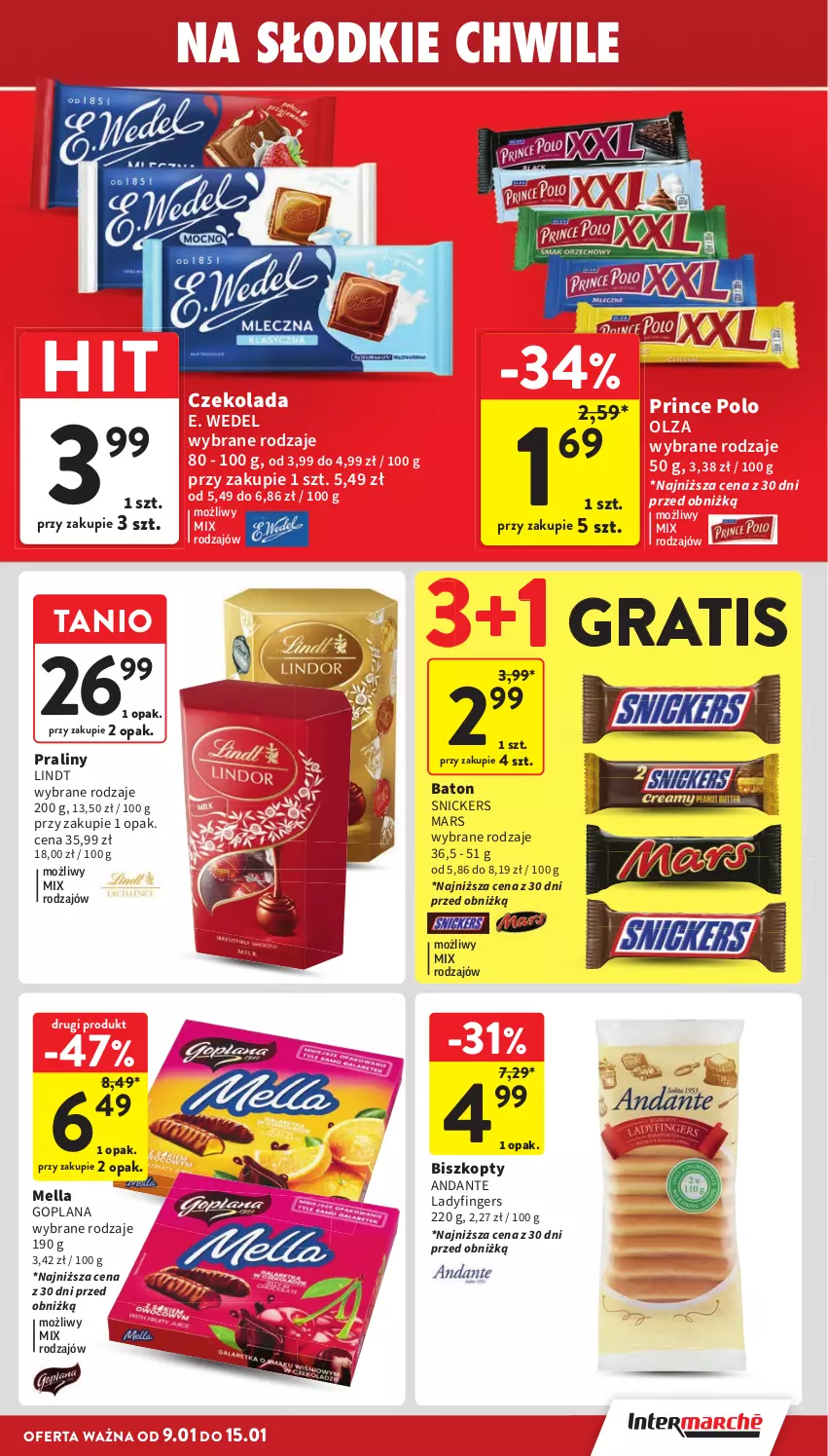 Gazetka promocyjna Intermarche - Gazetka Intermarche - ważna 09.01 do 15.01.2025 - strona 29 - produkty: Baton, Biszkopty, Czekolada, E. Wedel, Goplana, Gra, LANA, Lindt, Mars, Praliny, Prince Polo, Snickers