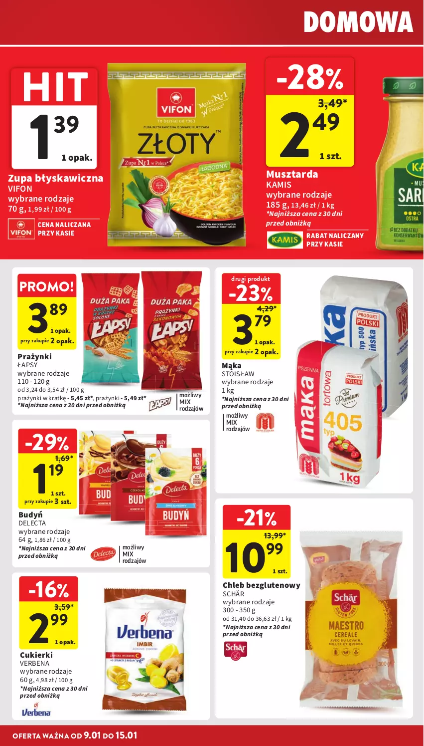 Gazetka promocyjna Intermarche - Gazetka Intermarche - ważna 09.01 do 15.01.2025 - strona 30 - produkty: Budyń, Chleb, Chleb bezglutenowy, Cukier, Cukierki, Delecta, Kamis, Mąka, Mus, Musztarda, Zupa