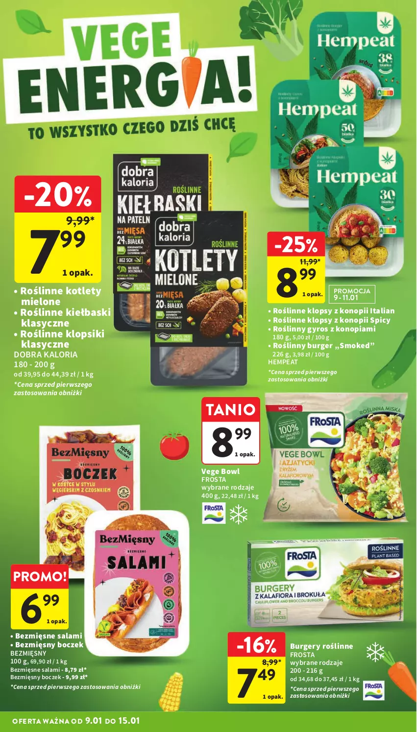 Gazetka promocyjna Intermarche - Gazetka Intermarche - ważna 09.01 do 15.01.2025 - strona 8 - produkty: Boczek, Burger, Frosta, Gyros, Klopsiki, Kotlet, Roślinne kiełbaski, Roślinny burger, Roślinny gyros, Salami