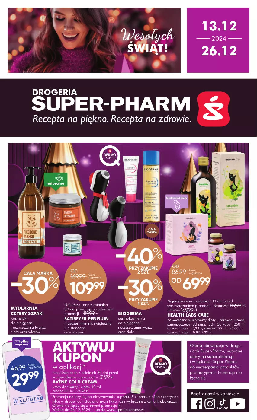 Gazetka promocyjna Super Pharm - Gazetka - ważna 13.12 do 26.12.2024 - strona 1 - produkty: Avène, Bioderma, Cold Cream, Kosmetyki do pielęgnacji, Krem do twarzy, Masażer, Mop, Sati, Suplement diety, Zdrowie