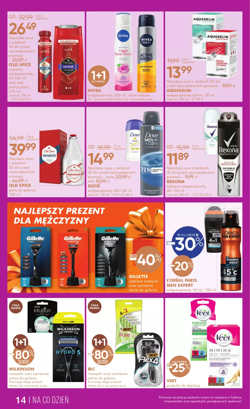 Gazetka promocyjna Super Pharm - Gazetka - ważna 13.12 do 26.12.2024 - strona 14 - produkty: Antyperspirant, Aquaselin, BIC, Dove, Gillette, L’Oréal, Nivea, Old Spice, Rexona, Veet