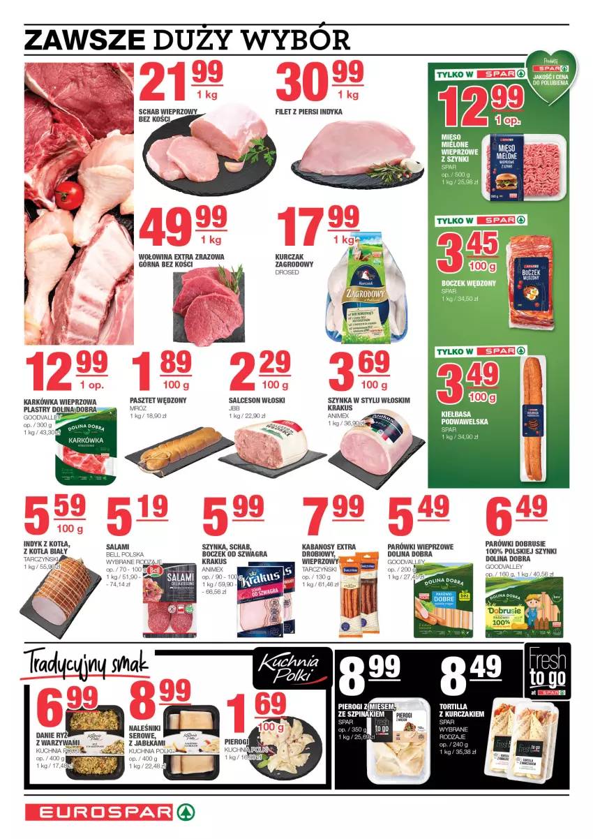 Gazetka promocyjna Spar - EuroSpar - ważna 12.01 do 22.01.2025 - strona 4 - produkty: Bell, Boczek, Filet z piersi indyka, Gra, Jabłka, Kabanos, Karkówka wieprzowa, Krakus, Kuchnia, Kurczak, Obrus, Parówki, Pasztet, Por, Salami, Salceson, Schab wieprzowy, Ser, Szynka, Tarczyński, Tortilla, Warzywa, Wołowina