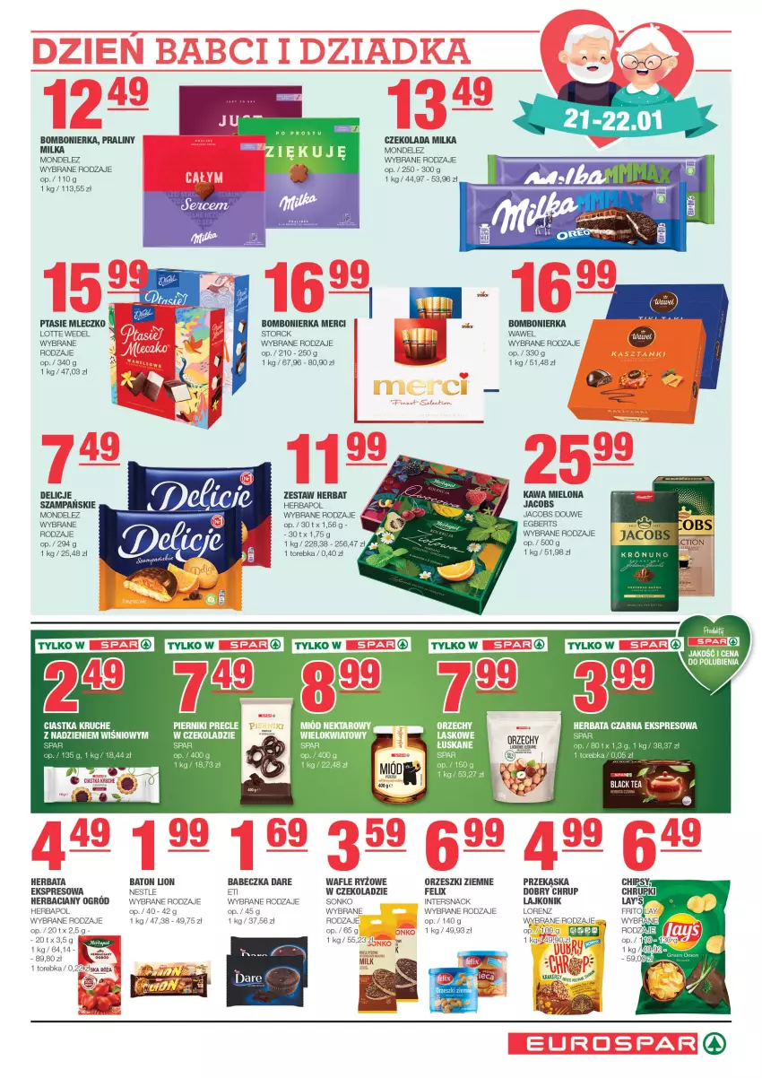 Gazetka promocyjna Spar - EuroSpar - ważna 12.01 do 22.01.2025 - strona 7 - produkty: Baton, Czekolada, Delicje, Felix, Herbaciany ogrod, Herbapol, Herbata, Herbata czarna, Jacobs, Kawa, Kawa mielona, Lajkonik, Lion, Lorenz, Merci, Milka, Mleczko, Orzeszki, Orzeszki ziemne, Piernik, Por, Praliny, Precle, Ptasie mleczko, Ryż, Sonko, Torebka, Wafle, Wawel