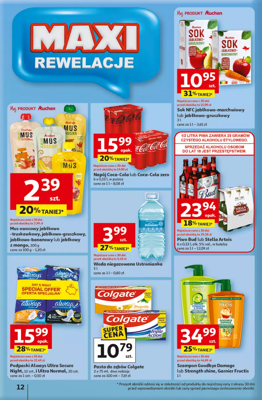 Gazetka promocyjna Auchan - Gazetka 30 Lat Hipermarket Auchan - ważna 15.01 do 21.01.2026 - strona 12 - produkty: Always, Always Ultra, Coca-Cola, Colgate, Fructis, Garnier, Gra, Kawa, LG, Mango, Mus, Napój, Pasta do zębów, Piwa, Piwo, Podpaski, Sok, Szampon, Woda, Woda niegazowana
