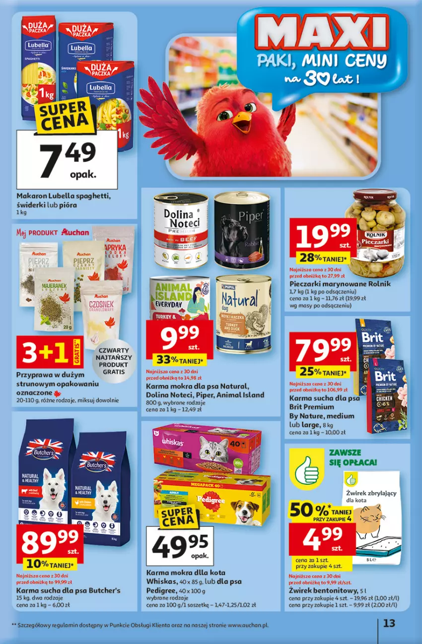 Gazetka promocyjna Auchan - Gazetka 30 Lat Hipermarket Auchan - ważna 15.01 do 21.01.2026 - strona 13 - produkty: Bell, Bella, Brit, Butcher's, Gra, Isla, Lubella, Makaron, Pedigree, Piec, Rolnik, Spaghetti, Whiskas