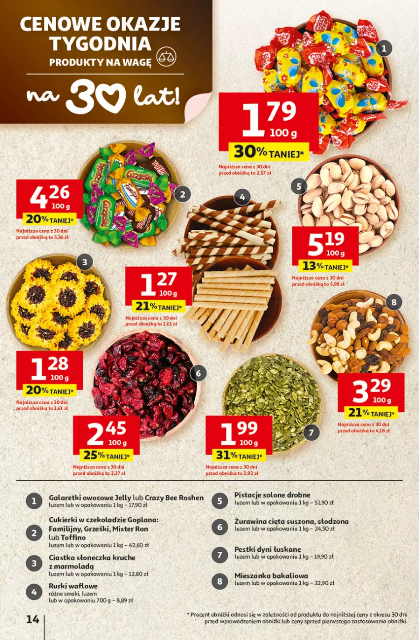 Gazetka promocyjna Auchan - Gazetka 30 Lat Hipermarket Auchan - ważna 15.01 do 21.01.2026 - strona 14 - produkty: Ciastka, Cukier, Cukierki, Fa, Gala, Galaretki, Goplana, Grześki, LANA, LG, Mieszanka bakaliowa, Mola, Pestki dyni, Pistacje, Rurki, Toffino