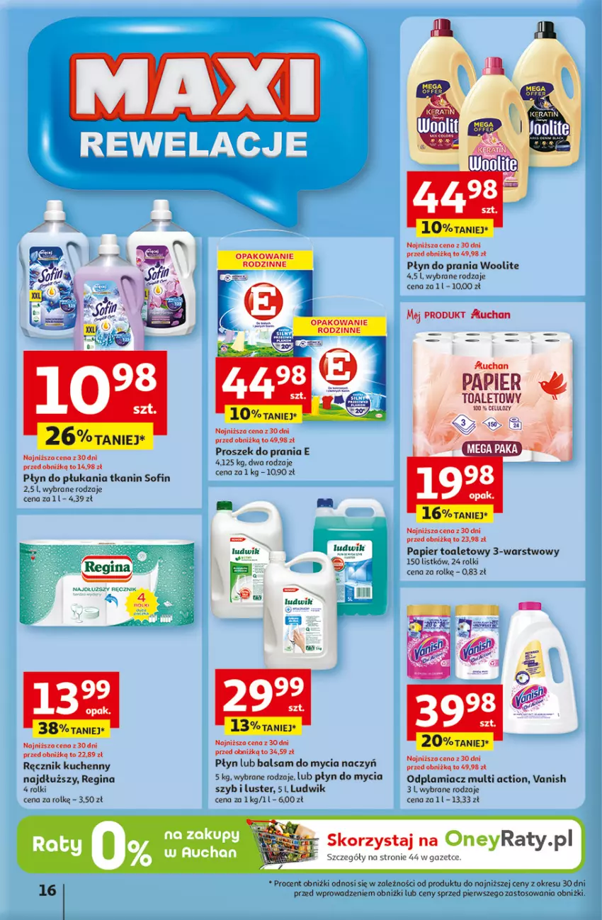 Gazetka promocyjna Auchan - Gazetka 30 Lat Hipermarket Auchan - ważna 15.01 do 21.01.2026 - strona 16 - produkty: Balsam do mycia naczyń, Do mycia naczyń, Gin, Ludwik, Odplamiacz, Papier, Papier toaletowy, Płyn do mycia, Płyn do płukania, Płyn do prania, Proszek do prania, Ręcznik, Ręcznik kuchenny, Rolki, Vanish, Woolite