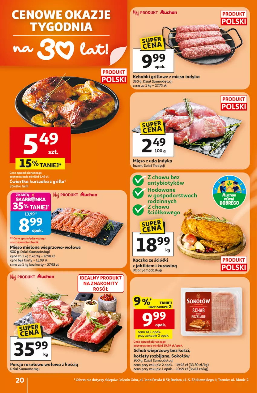 Gazetka promocyjna Auchan - Gazetka 30 Lat Hipermarket Auchan - ważna 15.01 do 21.01.2026 - strona 20 - produkty: Grill, Kaczka, Kebab, Kotlet, Mięso, Mięso mielone, Por, Schab wieprzowy, Sok, Sokołów