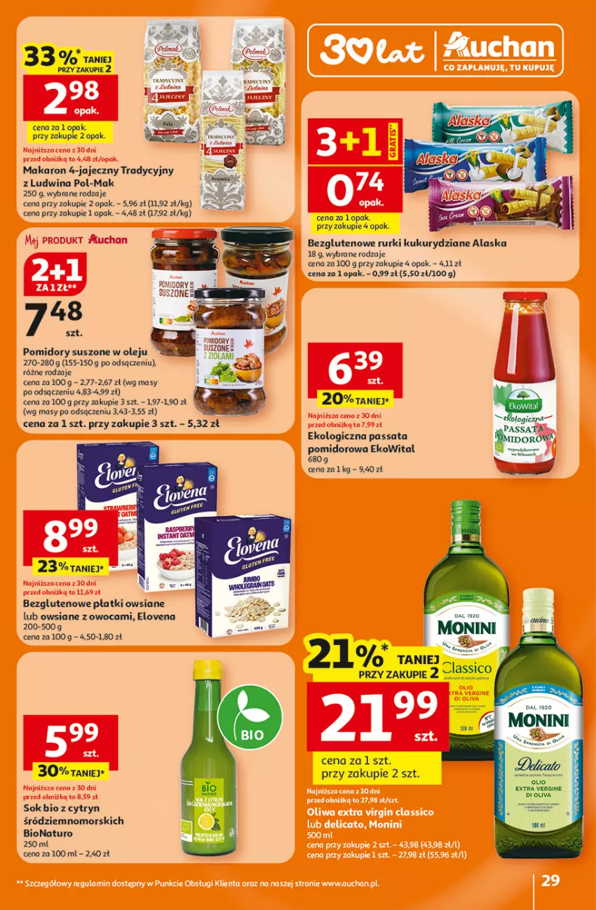 Gazetka promocyjna Auchan - Gazetka 30 Lat Hipermarket Auchan - ważna 15.01 do 21.01.2026 - strona 29 - produkty: Gin, Makaron, Monini, Olej, Płatki owsiane, Pomidory, Rurki, Sok