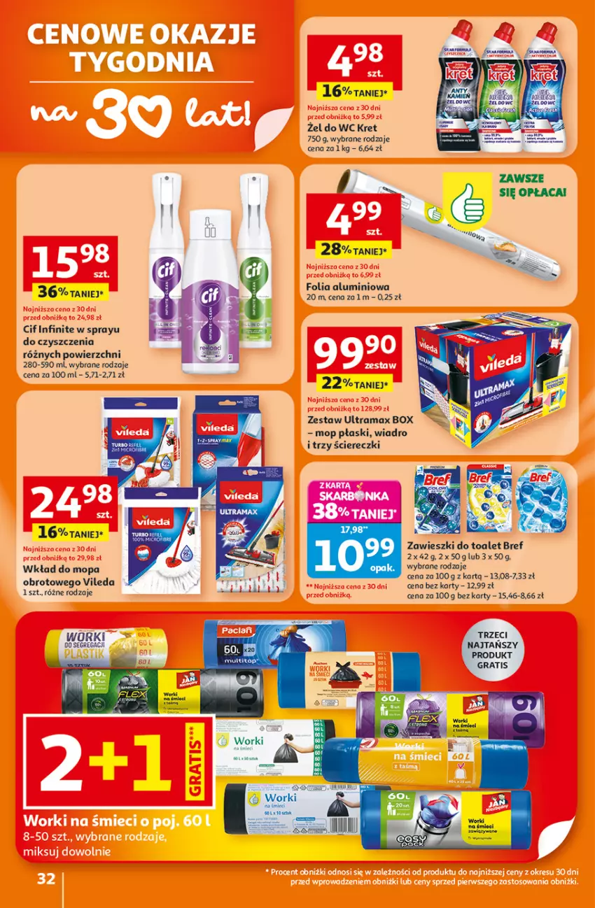 Gazetka promocyjna Auchan - Gazetka 30 Lat Hipermarket Auchan - ważna 15.01 do 21.01.2026 - strona 32 - produkty: Bref, Cif, Folia aluminiowa, Gra, Kret, Mop, Rama, Vileda, Wiadro, Wkład do mopa, Worki na śmiec, Worki na śmieci, Zawieszki